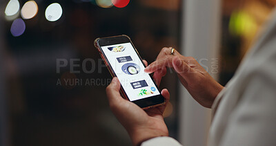 Buy stock photo Person, hands and phone with menu at night for browsing food, choice or selection at office. Closeup of employee scrolling on mobile smartphone for online shopping, ecommerce or order at workplace