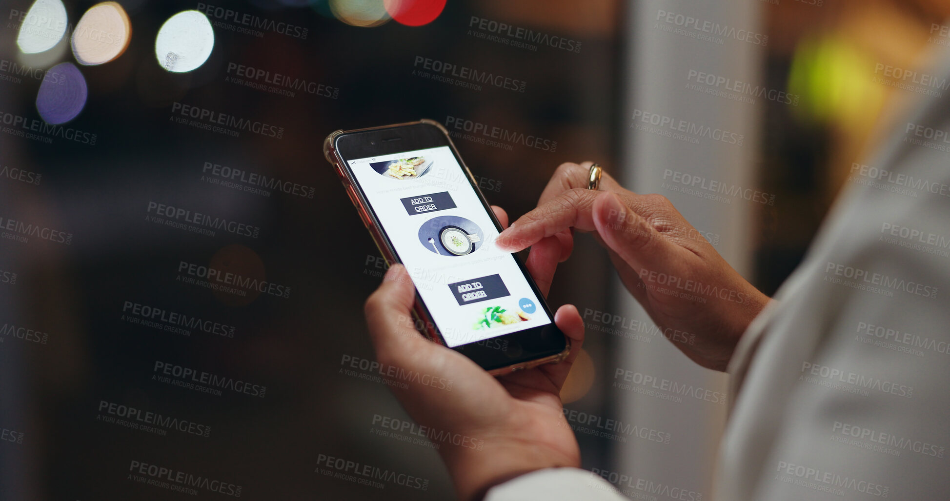 Buy stock photo Person, hands and phone with menu at night for browsing food, choice or selection at office. Closeup of employee scrolling on mobile smartphone for online shopping, ecommerce or order at workplace