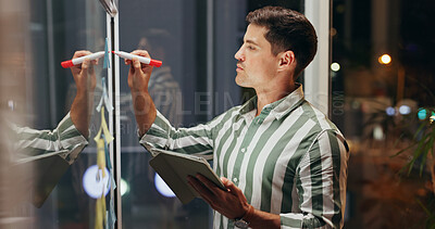 Buy stock photo Night, writing and man with tablet, glass wall and internet with research for proposal, thinking and brainstorming. Planning, evening and employee with tech, problem solving and solution with app