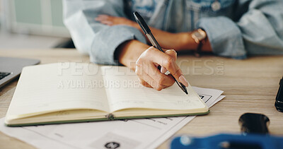 Buy stock photo Writing, notebook and woman hands planning schedule at work with calender, agenda and checklist. Professional, pen and reminder in journal with notes for creative writer job of employee at desk