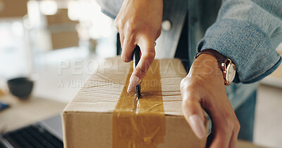 Buy stock photo Business courier, open and hands with package in logistics stock, products and delivery for supply chain. Office, person and box with scissor to cut, service items or production employee in workplace