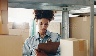 Buy stock photo Woman, writing and warehouse with boxes or inventory, stock checklist for freight distribution. Female person, logistics and wholesale supplier with quality control, clipboard for supply chain