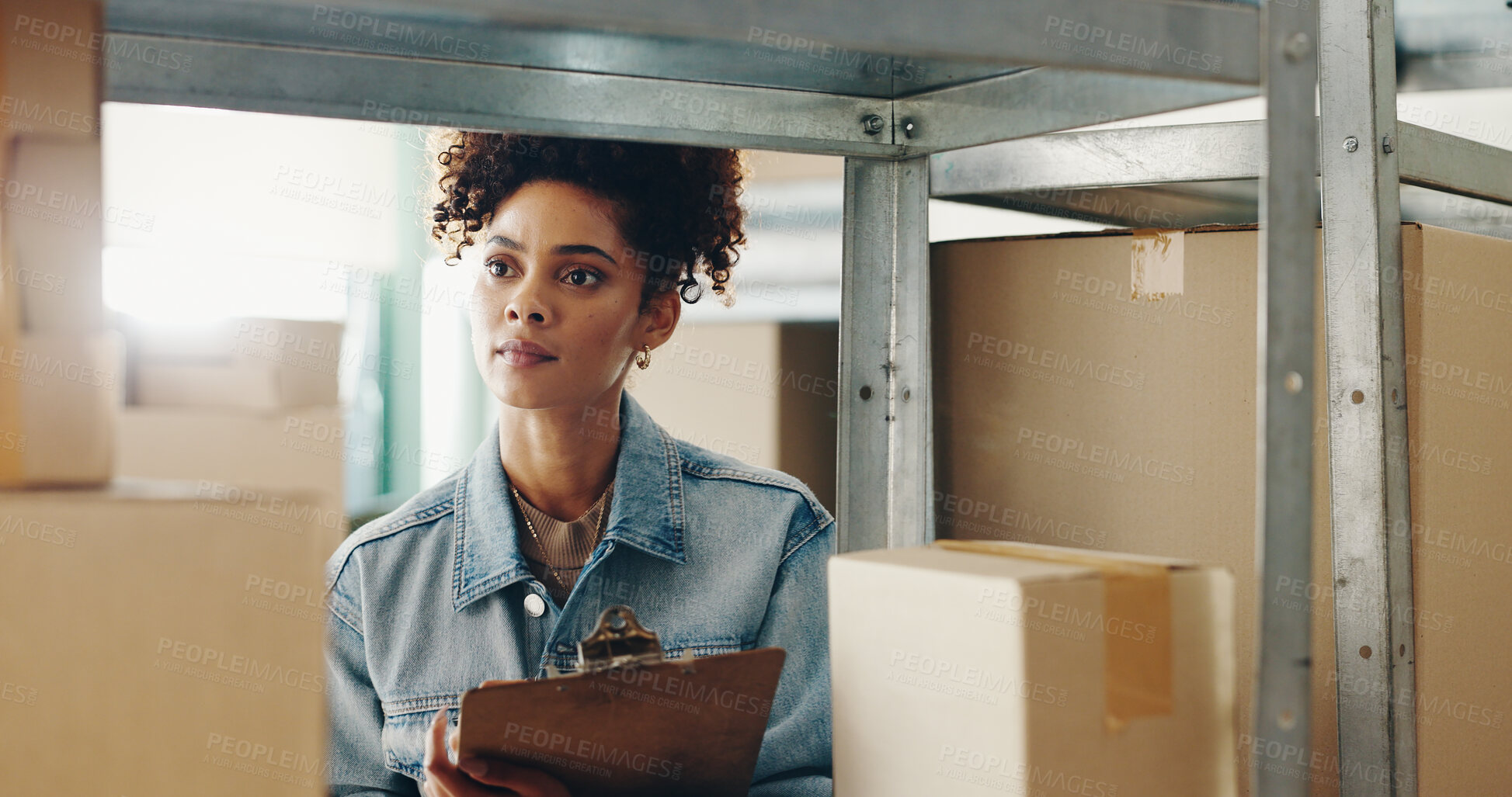 Buy stock photo Woman, inspection and warehouse with boxes or inventory, quality control for freight distribution. Female person, logistics and wholesale supplier with stock checklist, clipboard for supply chain