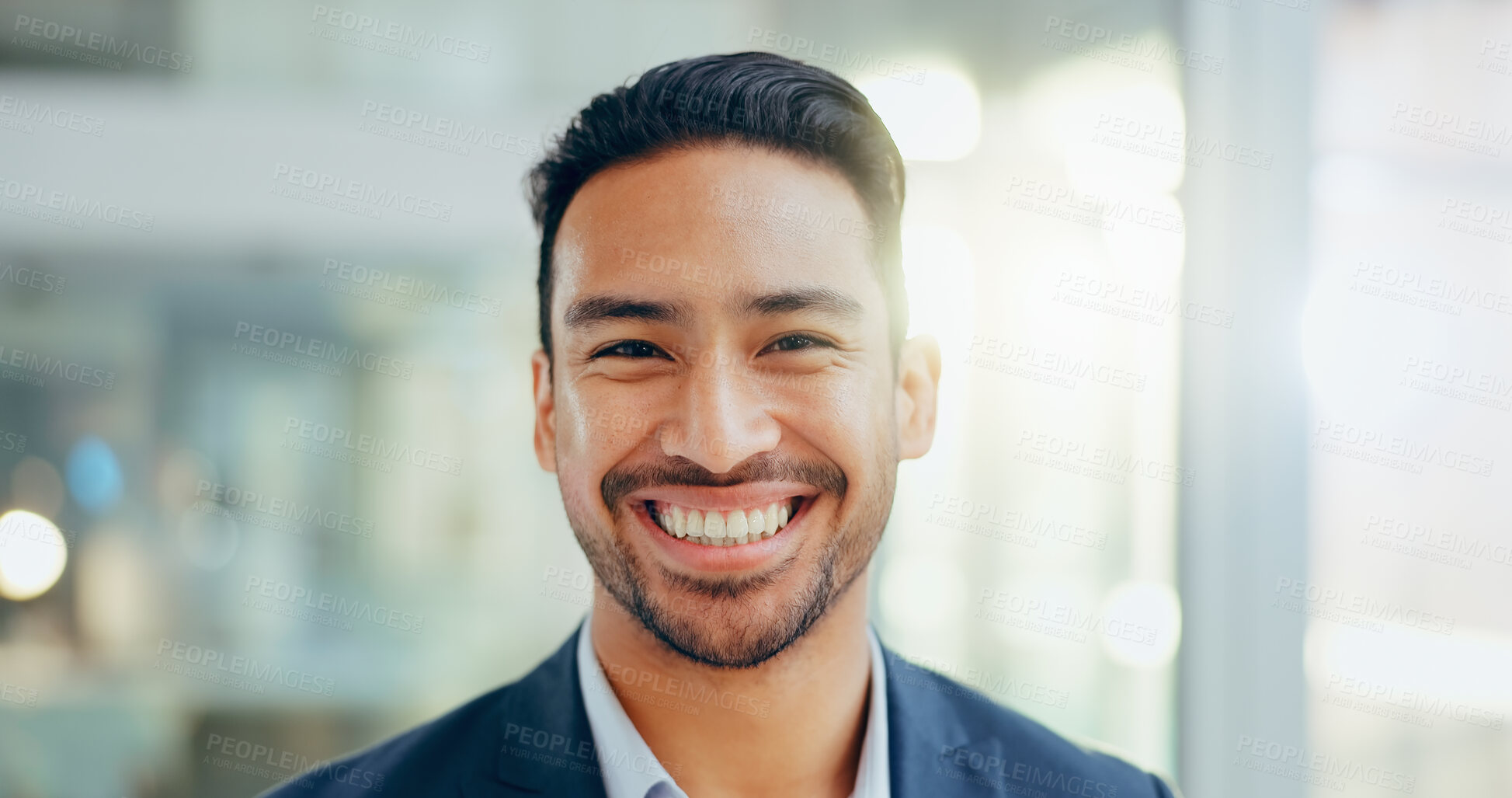 Buy stock photo Asian businessman, smile and face in office with confidence, ambition and excited for growth in career. Professional, happy portrait and financial consultant with job satisfaction and entrepreneur