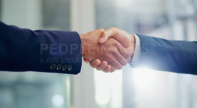 Buy stock photo Employees, handshake and thank you for interview in office, meeting and congratulations for hiring. Partnership, introduction and b2b collaboration in merger, networking and onboarding for support