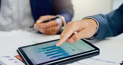 Buy stock photo Hands, business people and tablet with screen, charts and results for survey, review finances and stats. Closeup, economy analyst and employees with tech, graphs and research for stock market and app