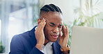 Black man, headache and laptop or worry in office, burnout and stress for 404 glitch or error. Male person, migraine and bankruptcy disaster or stock market crash, trader and anxiety for risk or fail