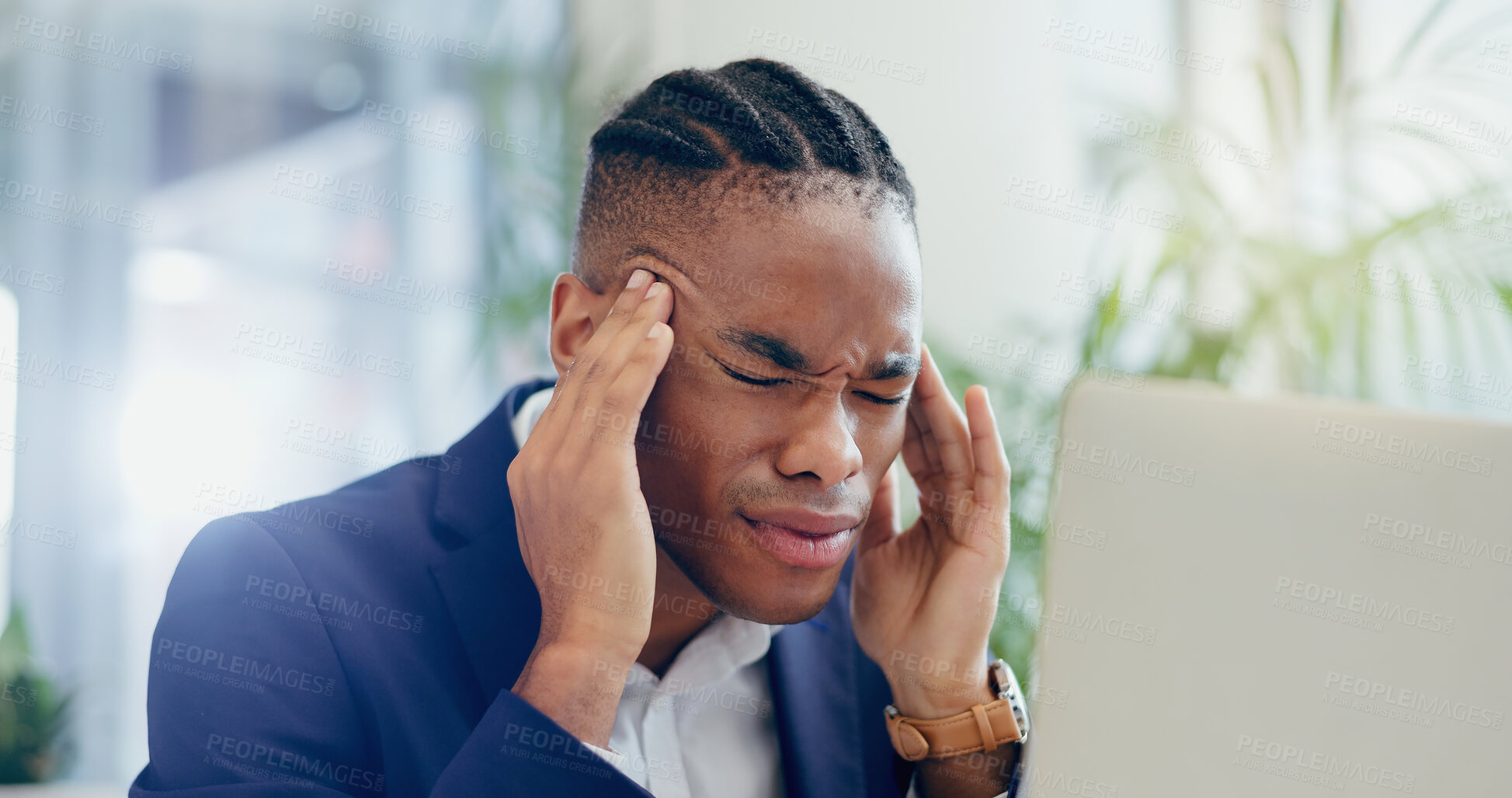 Buy stock photo Black man, headache and laptop or worry in office, burnout and stress for 404 glitch or error. Male person, migraine and bankruptcy disaster or stock market crash, trader and anxiety for risk or fail