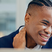 Business man, stress and neck pain in office with depression, muscle ...