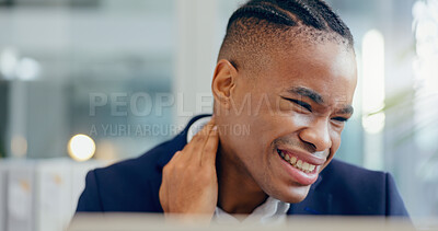 Buy stock photo Business man, stress and neck pain in office with depression, muscle strain and massage. Face, tired and overworked African entrepreneur person with fatigue, burnout and exhausted with body ache