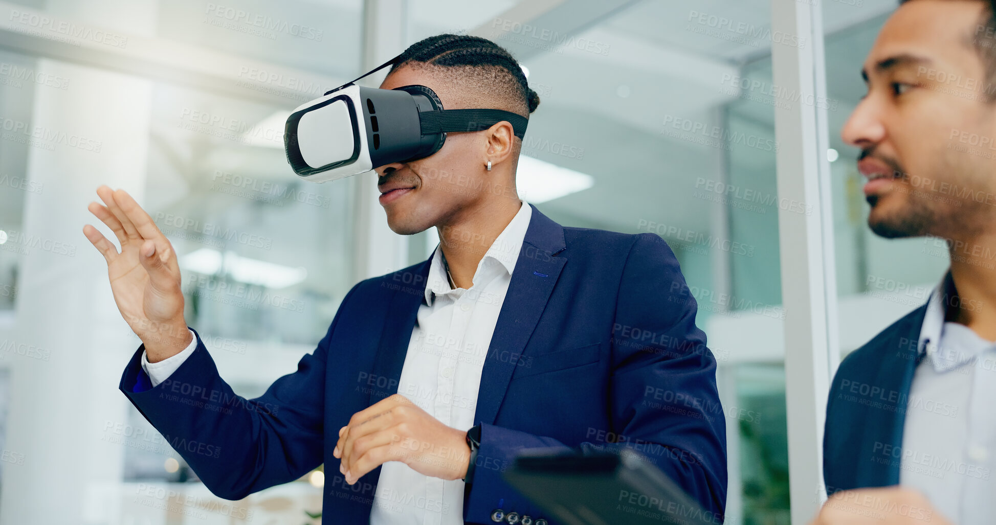 Buy stock photo Businessman, vr and glasses in office together for product prototyping, training and experience with vision. Man, team and corporate professionals with virtual reality for metaverse and ux study