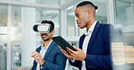 Man, vr and tablet with glasses in office for product prototyping, training and experience with vision. Businessman, team and corporate professionals with virtual reality for metaverse and ux study.
