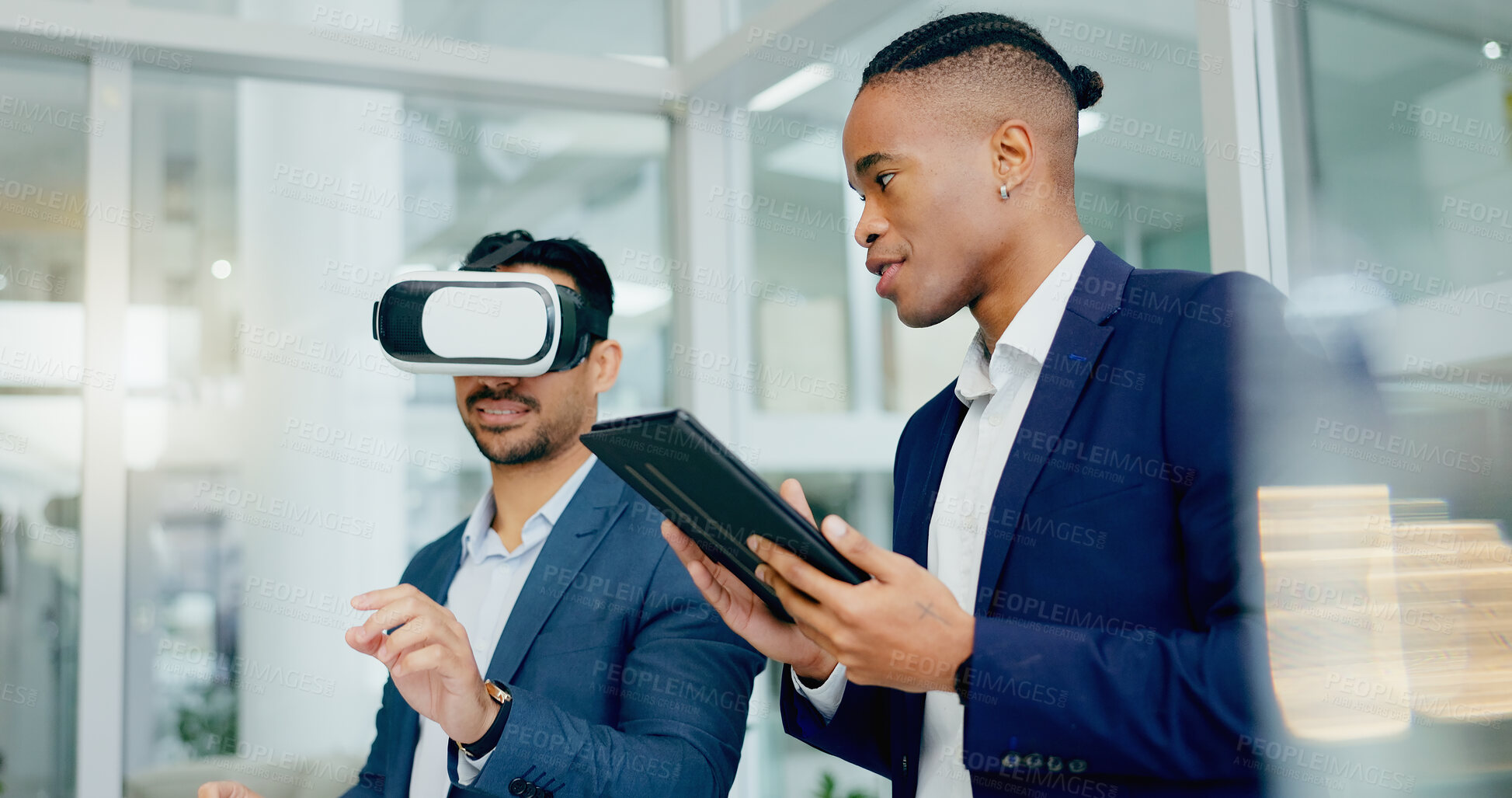 Buy stock photo Man, vr and tablet with glasses in office for product prototyping, training and experience with vision. Businessman, team and corporate professionals with virtual reality for metaverse and ux study.