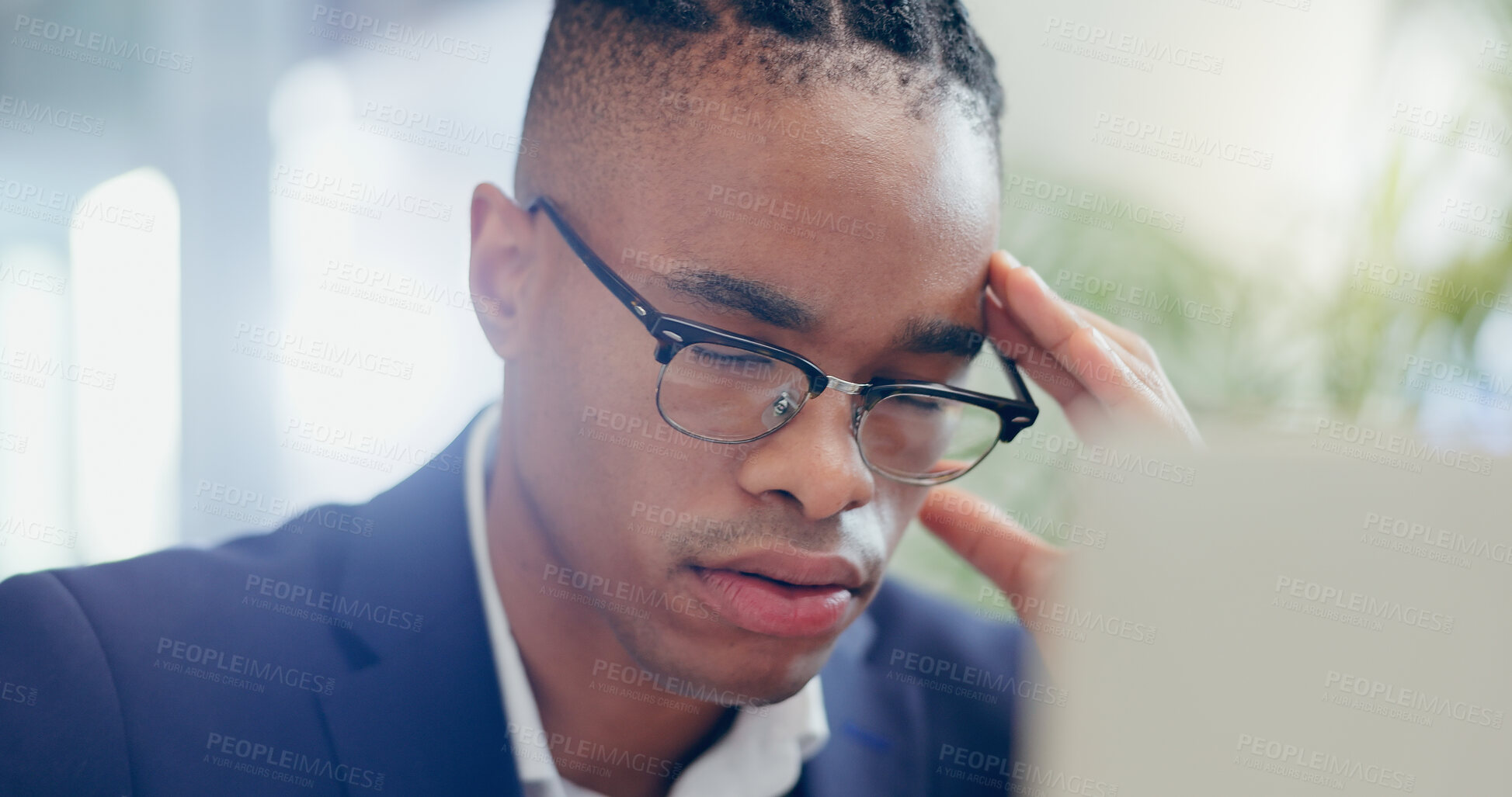 Buy stock photo Black man, headache and laptop or debt in office, eyewear and stress for 404 glitch or error. Male person, glasses and bankruptcy disaster or stock market crash, trader and anxiety for risk or fail