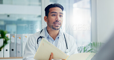 Buy stock photo Man, doctor and consulting patient with documents for insurance, prescription or test results at hospital. Male person or healthcare employee talking to client for diagnosis at consultation at clinic