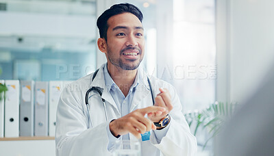 Buy stock photo Happy man, doctor and consulting with patient for procedure, steps or explaining list at hospital. Male person or healthcare employee talking to client for dosage, prescription or healthcare results