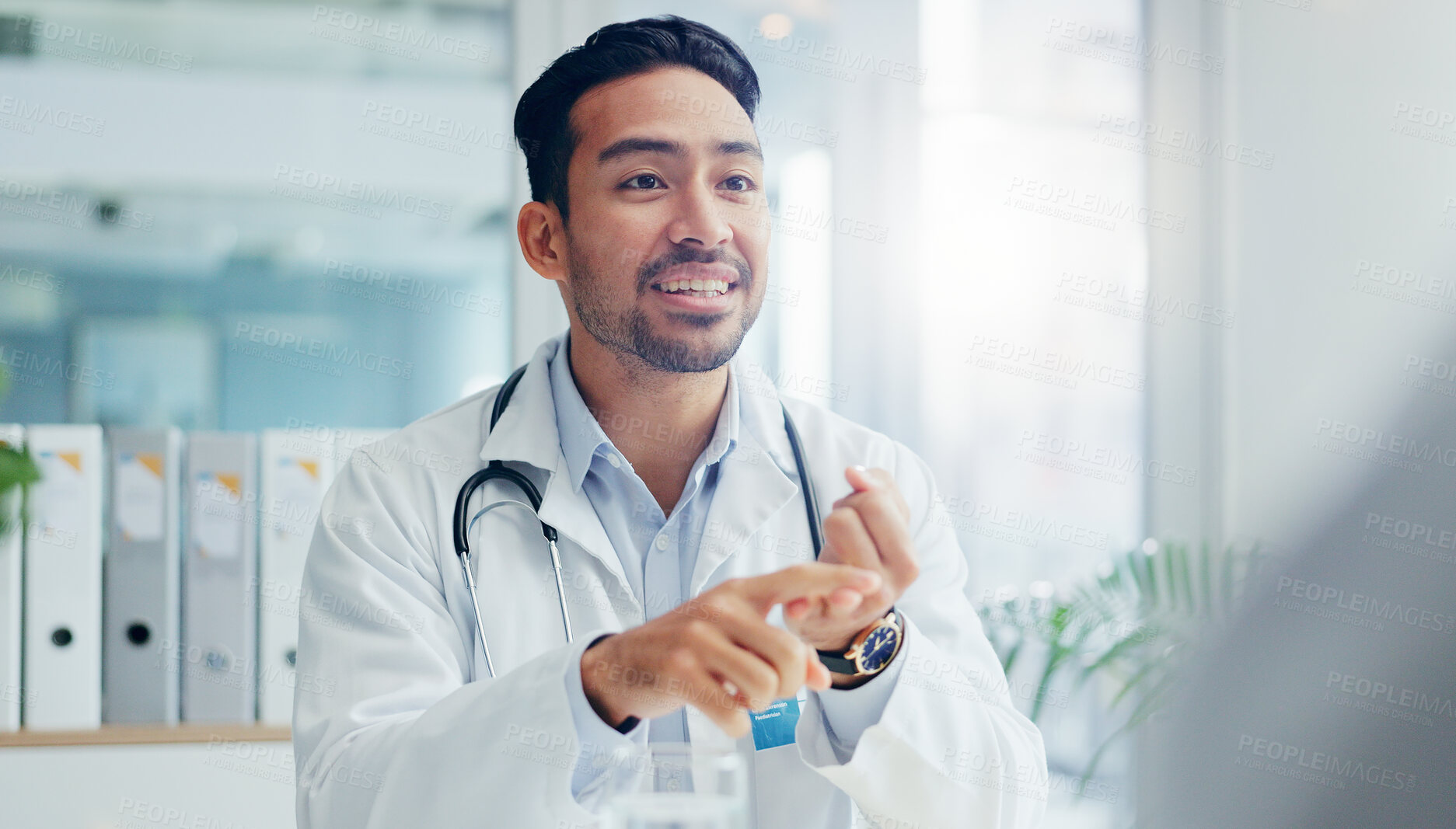 Buy stock photo Happy man, doctor and consulting with patient for procedure, steps or explaining list at hospital. Male person or healthcare employee talking to client for dosage, prescription or healthcare results