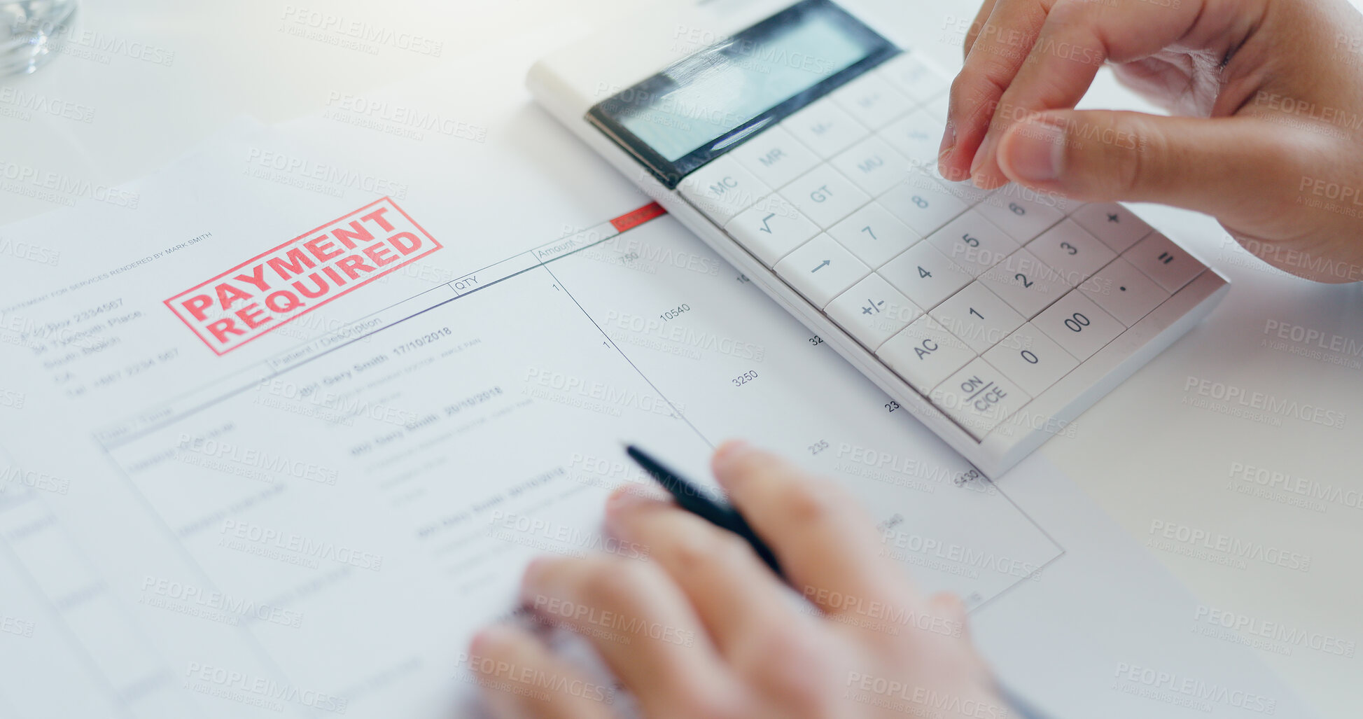 Buy stock photo Person, hands or payment due with calculator on fee, expense or patient bill on desk at hospital. Closeup of financial paperwork for tax, debt or invoice on medical aid, budget or insurance at clinic