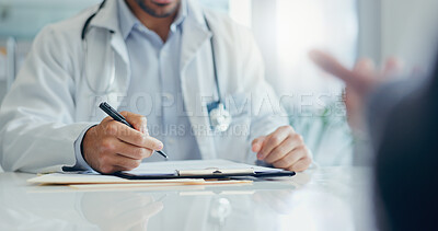 Buy stock photo Hands, doctor and documents with consultation, healthcare and conversation for wellness, insurance and appointment. Closeup, people and medical with checkup, paperwork and discussion for results