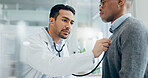 Doctor, patient or office with stethoscope for check, man with virus or bacteria infection. People, together or consulting in hospital for medical inspection, healthcare with exam for chest listening