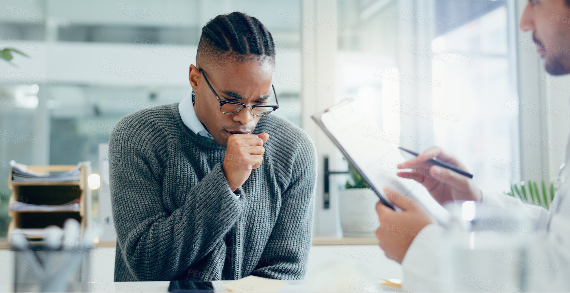 Buy stock photo Doctor, patient and office with clipboard for consulting, man with cough or bacteria infection. People, together and writing on paper in hospital for medical, healthcare for FLiRT Covid or allergy