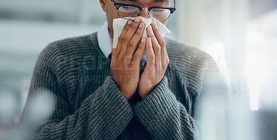 Buy stock photo Man, sick and sneezing with tissue in hand, healthcare and influenza cold or covid virus for wellness risk in office. Sinus symptoms, allergy problem and seasonal change,  hay fever and unwell person