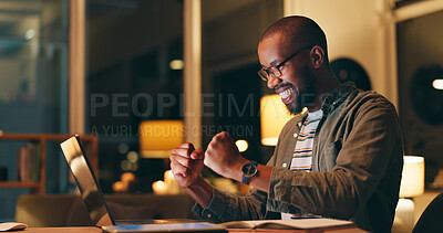 Buy stock photo Happy, black man and night with laptop in celebration for winning, promotion or profit at office. Excited African, male person or winner with smile on computer for investment, achievement or trading