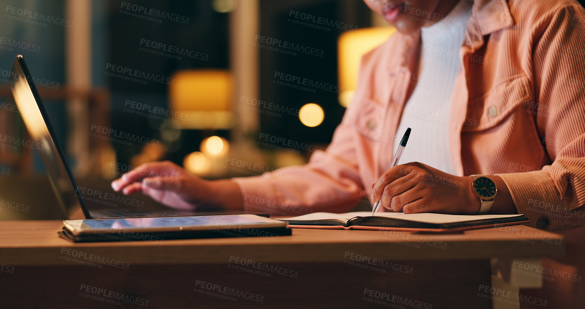 Buy stock photo Business, laptop and hand for writing at night for remote work, research notes and creative ideas on tablet. Entrepreneur, freelancer woman and copywriter with tech for project planning at desk