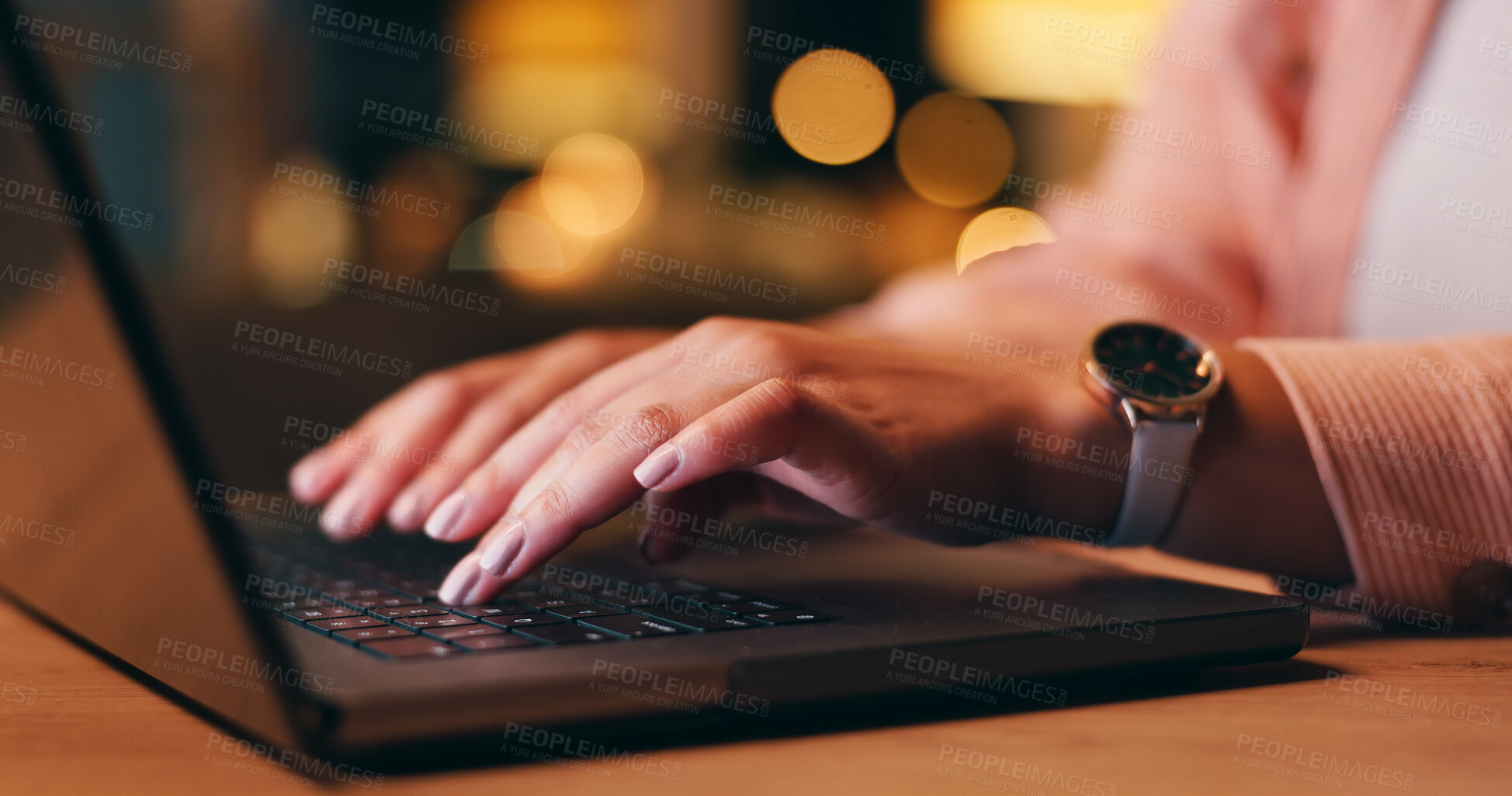 Buy stock photo Business, woman and hand with laptop at night for remote work, blog research and editing in home office. Entrepreneur, freelancer and copywriter with technology for typing online project with bokeh