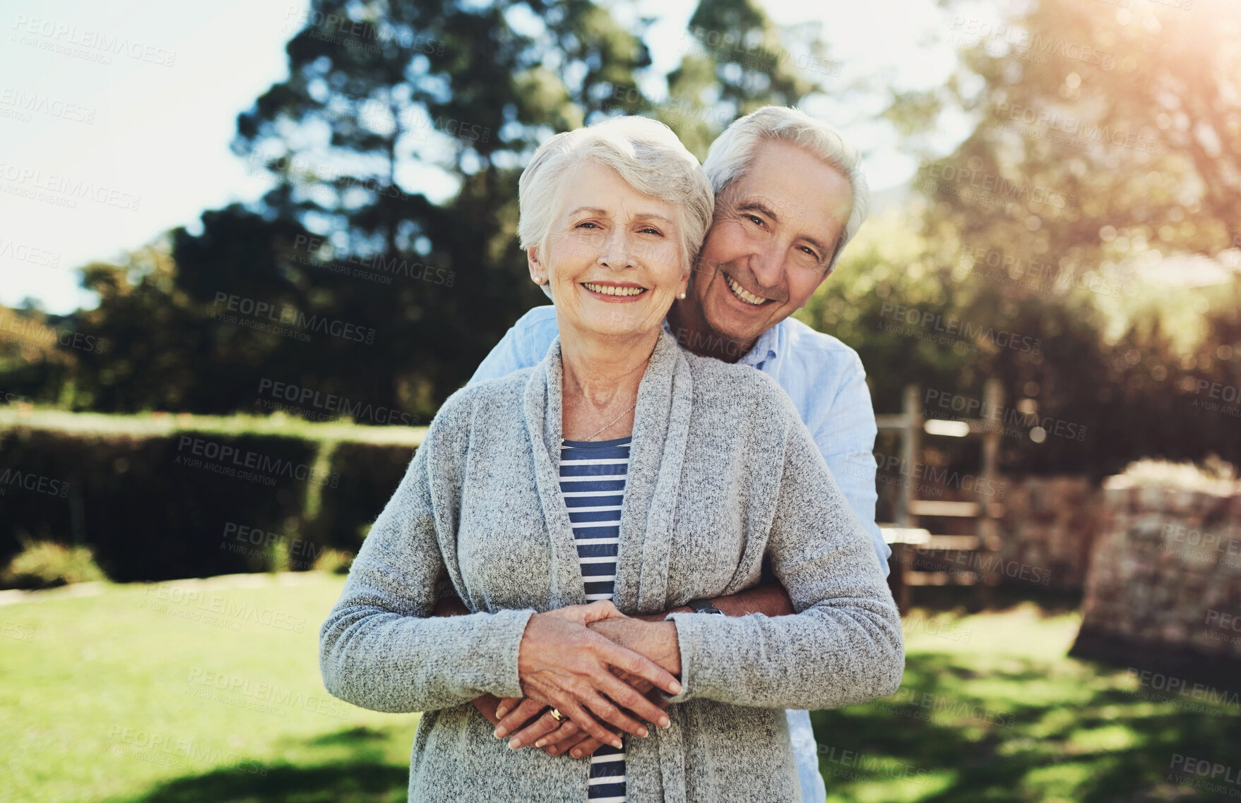 Buy stock photo Garden portrait, senior couple and hug for healthy marriage, retirement and outdoor bonding in home. Happy, elderly man and woman with love embrace for trust, support and relax together in backyard