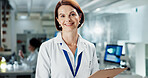 Scientist, woman and clipboard in lab portrait, medical researcher and employee with results or bio data. Healthcare, medicine and development, happy and professional smiling for life expansion study