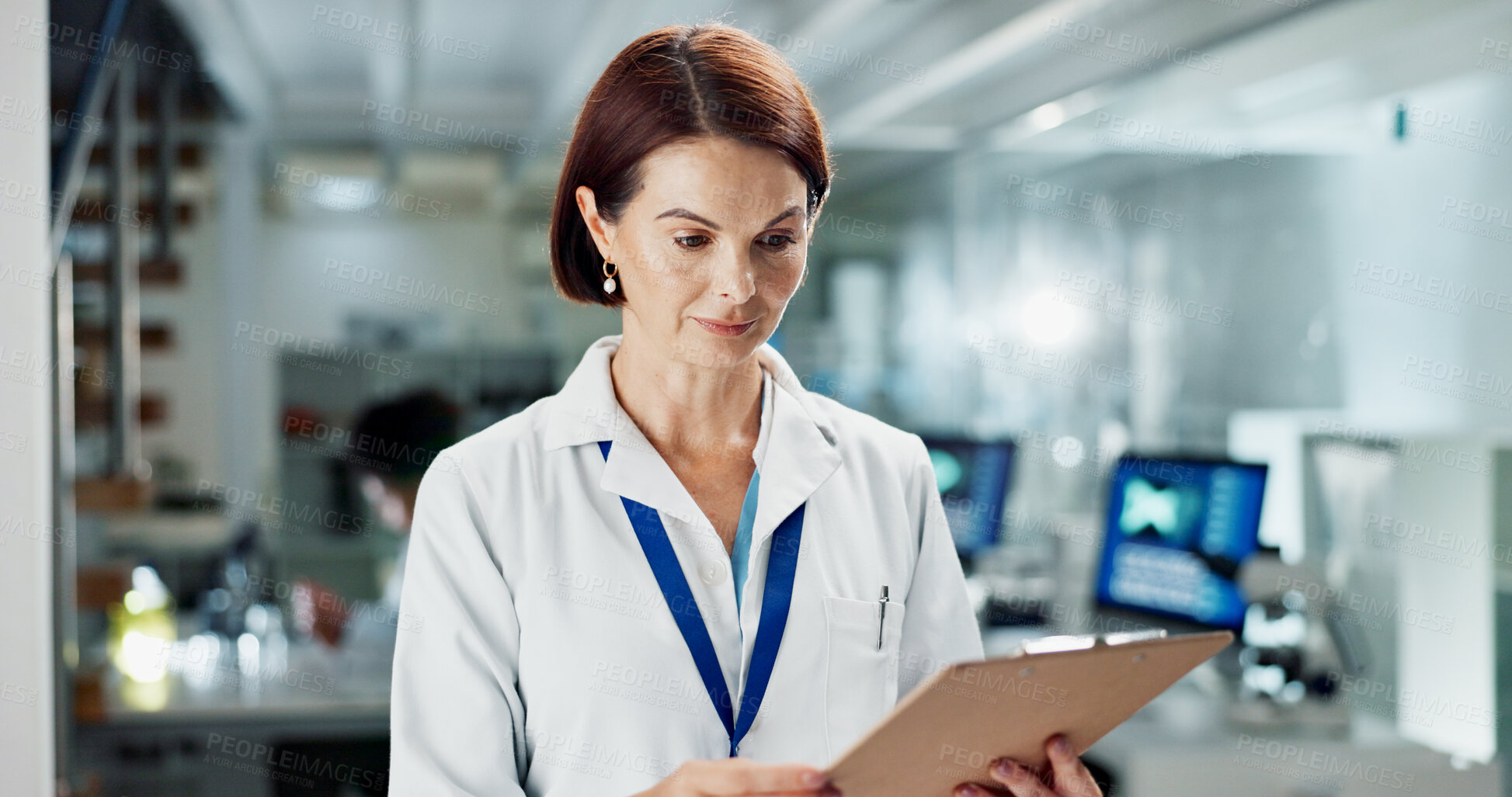 Buy stock photo Scientist, woman and clipboard in lab reading, medical researcher and employee with results or bio data. Healthcare, medicine and development, happy and professional smiling for life expansion study
