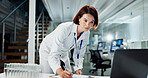 Woman, scientist and writing with laptop for research, medical study or results on scientific discovery at lab. Female person or biologist taking notes on clipboard for experiment, exam or test