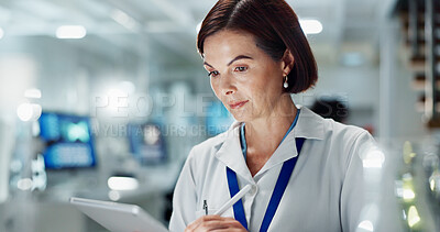 Buy stock photo Woman, scientist and browsing with tablet for research, new discovery or medical study on test results or exam at lab. Female person or biologist with technology for scientific data at laboratory