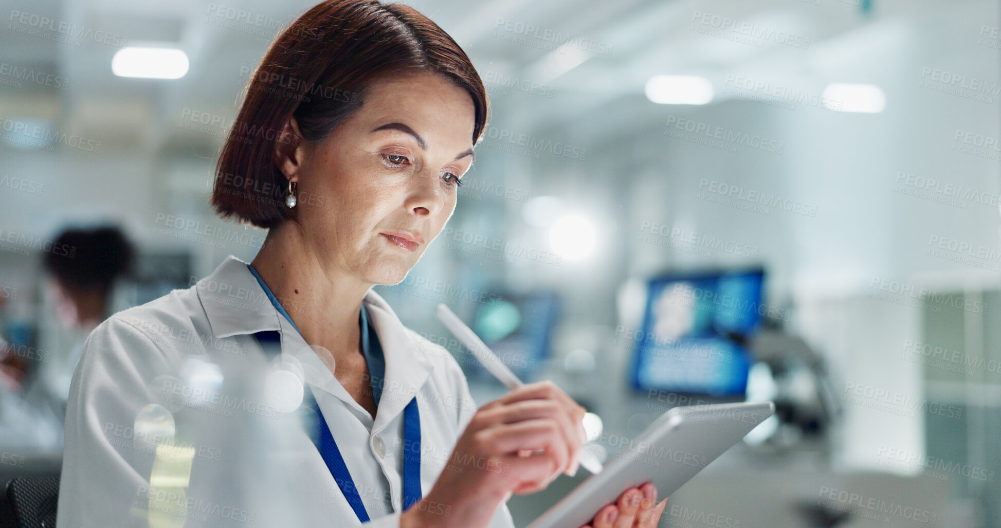 Buy stock photo Woman, scientist and writing with tablet for results, medical study or new discovery on experiment test or exam at lab. Female person or biologist with technology for scientific data at laboratory