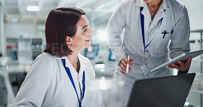 Buy stock photo Happy woman, scientist and team with tablet for research, new discovery or breakthrough at lab. Female person or biologists working together in biotechnology, collaboration or results at laboratory