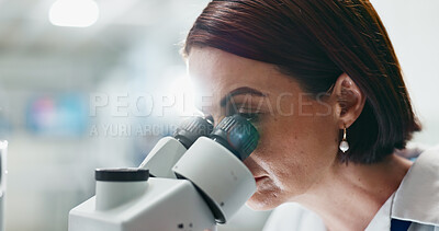 Buy stock photo Woman, scientist and forensic with microscope for research, breakthrough or new discovery at laboratory. Female person or biologist looking in  scope or biotechnology for experiment, test or exam