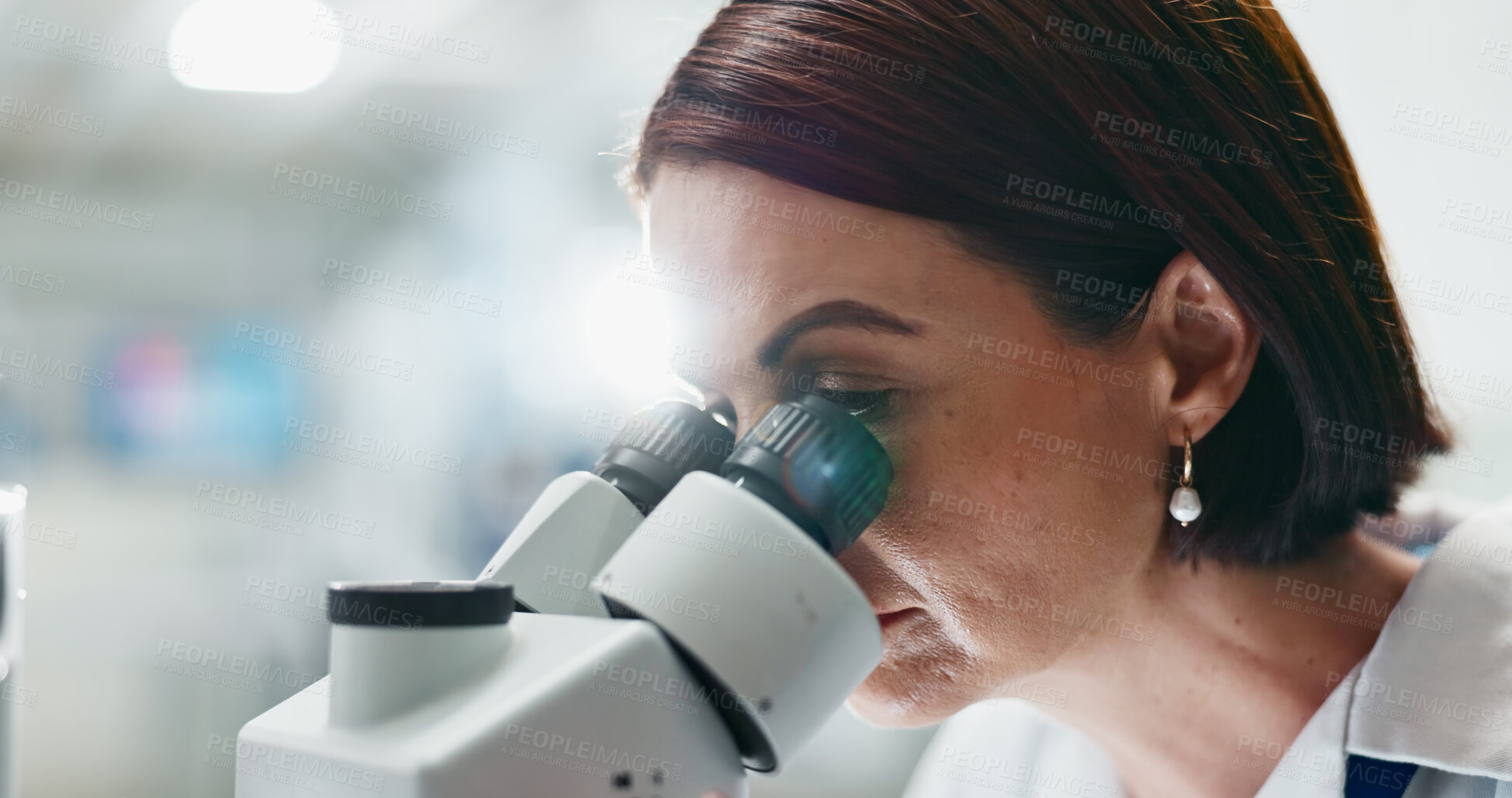 Buy stock photo Woman, scientist and forensic with microscope for research, breakthrough or new discovery at laboratory. Female person or biologist looking in  scope or biotechnology for experiment, test or exam