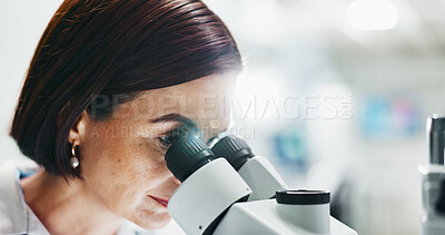 Buy stock photo Woman, biologist and forensic with microscope for discovery, research or breakthrough at laboratory. Female person or scientist for innovation or biotechnology for experiment, test or exam at lab