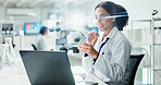 Laptop, microscope and scientist with research in laboratory for medical innovation with biotechnology. Science, computer and female biologist typing online for pharmaceutical experiment in office.