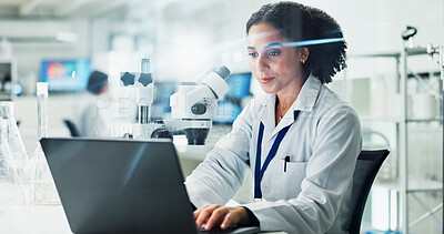 Buy stock photo Laptop, woman and scientist with research in laboratory for medical innovation with biotechnology. Science, computer and female biologist typing online for pharmaceutical experiment in office.