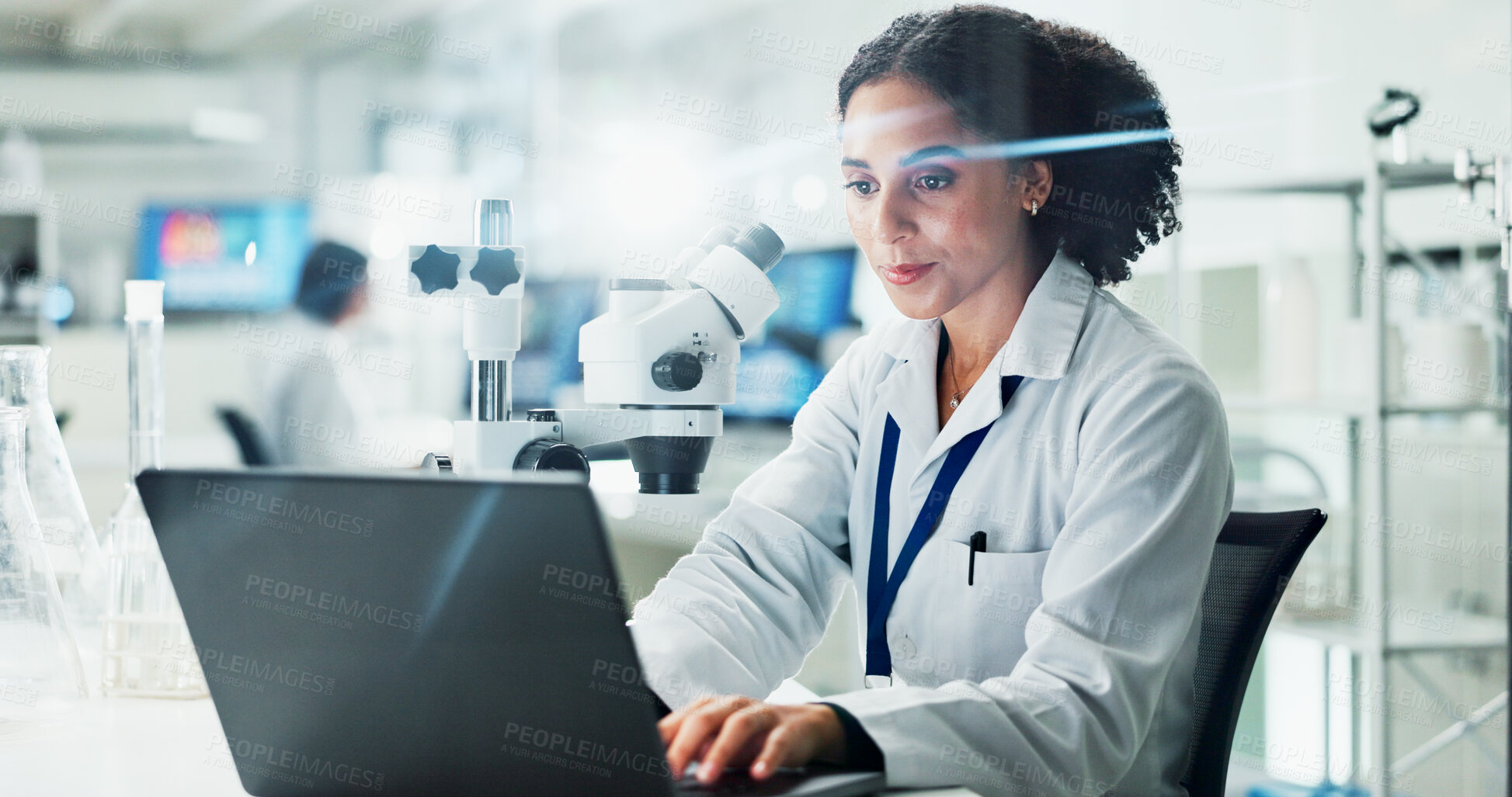 Buy stock photo Laptop, woman and scientist with research in laboratory for medical innovation with biotechnology. Science, computer and female biologist typing online for pharmaceutical experiment in office.