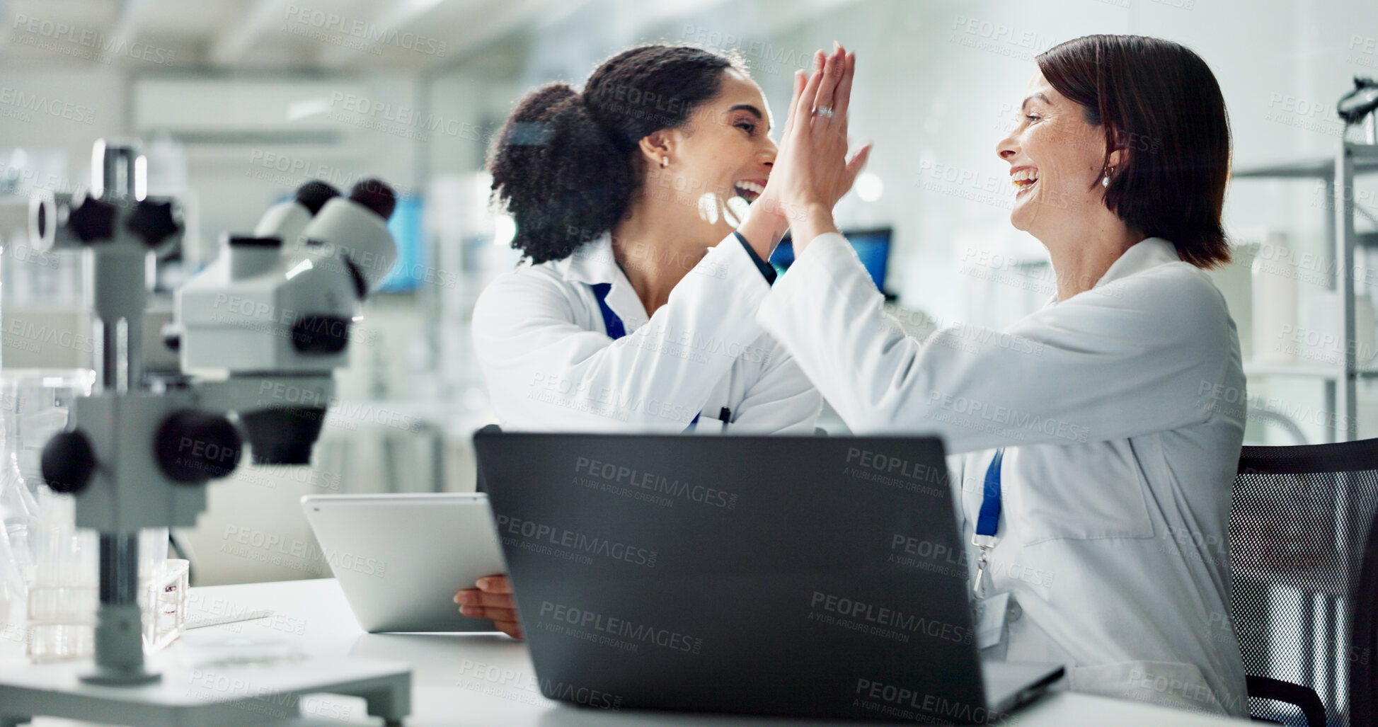 Buy stock photo Happy woman, scientist and high five with colleague for teamwork, breakthrough or new discovery on laptop at lab. Female person or medical professionals touching with smile for success at laboratory