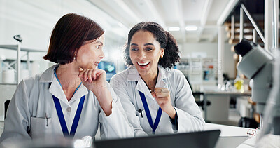 Buy stock photo Women, celebration and laptop in lab for science, notification or approval for research project. People, scientist and lab partner with computer for cheers, excited or results for funding application