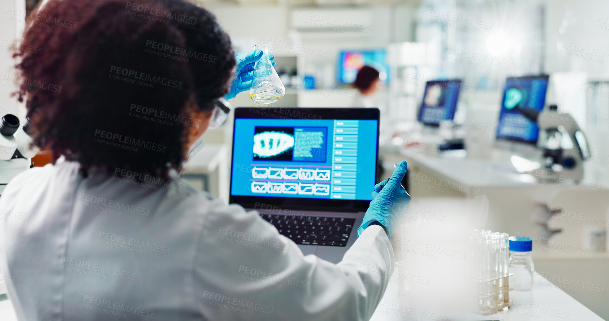 Buy stock photo Woman, scientist and laptop with research on chemical compound, liquid or sample at lab. Female person or biologist testing experiment with computer for biotechnology, discovery or exam at laboratory