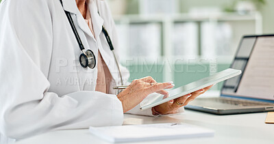 Buy stock photo Hands, doctor and click on tablet in hospital for telehealth, contact or notification on application. Medic, digital touchscreen and scroll for review, report or notes for research at wellness clinic