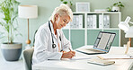 Hands, doctor and scroll on tablet in hospital for telehealth, contact or notification on application. Medic, digital touchscreen and click for review, report or notes for research at wellness clinic