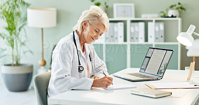 Buy stock photo Hands, doctor and scroll on tablet in hospital for telehealth, contact or notification on application. Medic, digital touchscreen and click for review, report or notes for research at wellness clinic