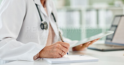 Buy stock photo Woman, doctor and hands writing with tablet for prescription, diagnosis or medical results at hospital. Closeup of female person taking notes with technology for research, dosage or filling form