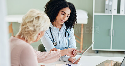 Buy stock photo Hospital, tablet and doctor with patient for consulting, medical service and help in clinic. Healthcare, telehealth and woman and mature person on digital tech for diagnosis, results and insurance